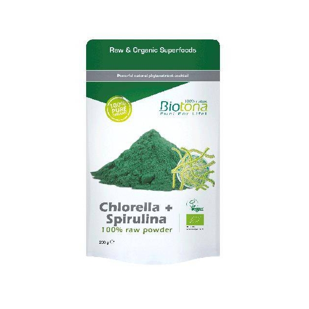 Chlorella y espirulina raw powder superfood bio 200g Biotona