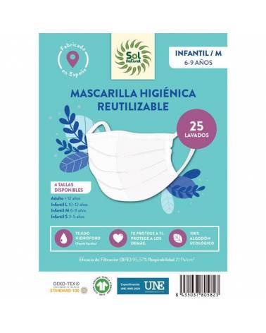 Mascarilla Algodon Organico reutilizable INFANTIL/M Sol Natural