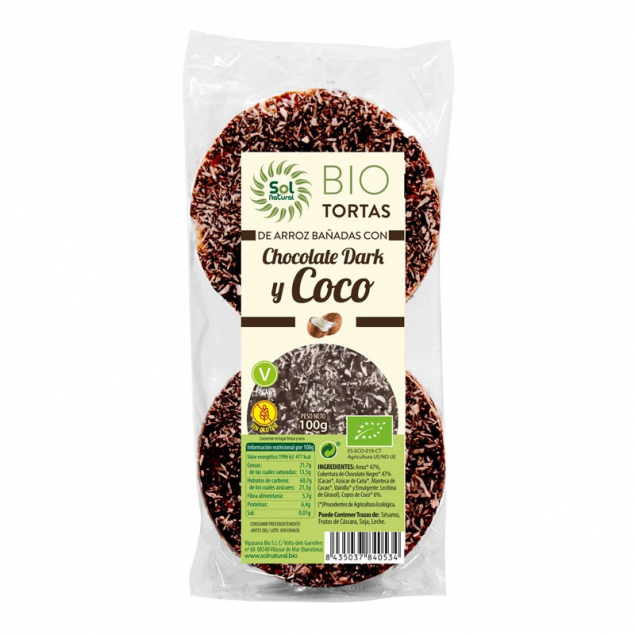 Tortitas de arroz chocolate dark y coco s/g bio 100g Sol Natural