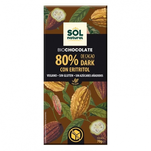 Tableta chocolate 80% con Eritritol bio 70g Sol Natural