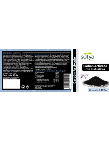 Carbon activo con probioticos 550mg 90 capsulas Sotya