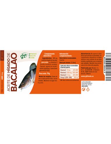Aceite de Hígado de Bacalao 685mg 110 perlas GHF: Omega 3, Vitaminas A y D