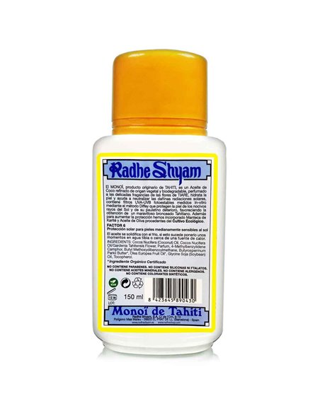 Aceite Monoi de Tahití Factor 6 150 ml Radhe Shyam: Bronceado Dorado y Piel Hidratada